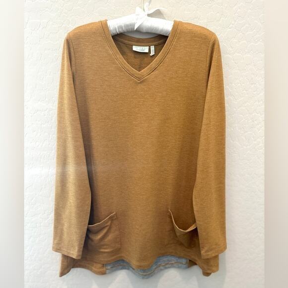 LOGO BY LORI GOLDSTEIN | Mustard V-Neck Tunic Top Lace Hem & Floral Back | XS - Picture 1 of 7